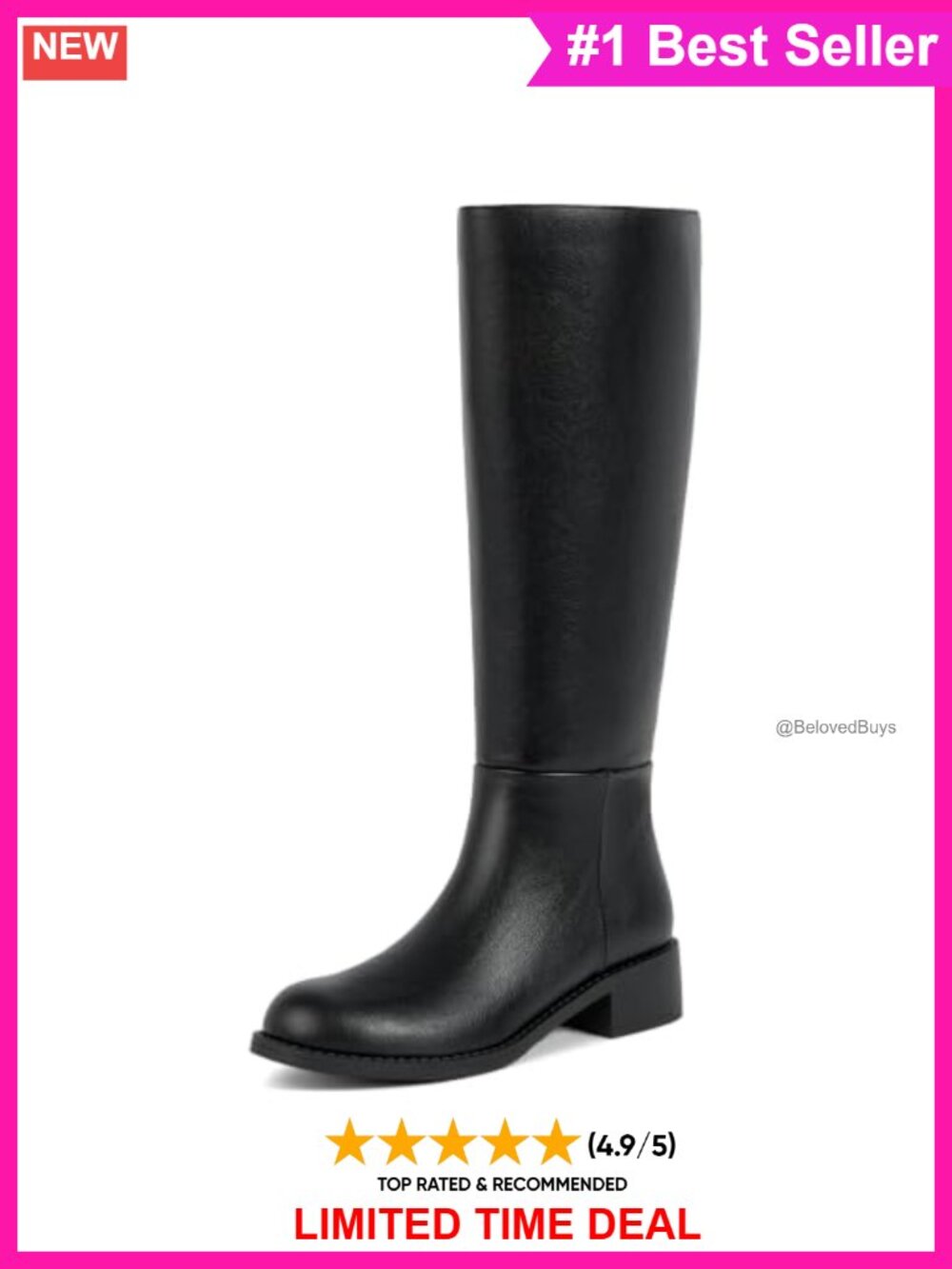 Women's Knee High Faux Leather Boots Low Block Heel Round Toe Tall Riding Boots